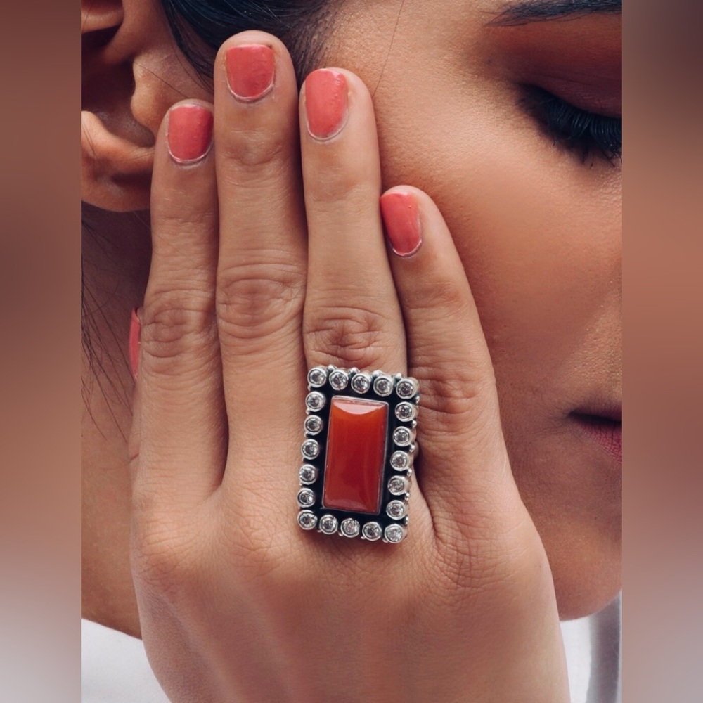 COPY - 925 Sterling Silver Ring with Agate and CZ.  Adjustable Size